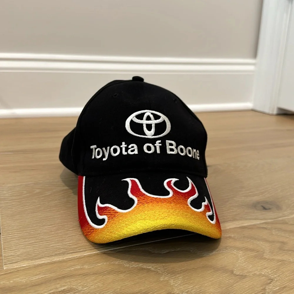 Toyota Flame Embroidered Hat Ball Cap Automotive Car Guy Moto Fire Vintage Boone - Picture 2 of 5